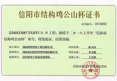 “息县城南区域棚户区改造项目5#、6#意昂平台”被授予2018上半年“信阳市结构鸡公山杯”称号