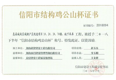 “息县城南区域棚户区改造项目1#、2#、3#、7#楼、地下车库意昂平台”被授予2018下半年“信阳市结构鸡公山杯”称号