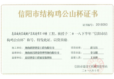 “息县城南区域棚户区改造项目4#楼意昂平台”被授予2018下半年“信阳市结构鸡公山杯”称号